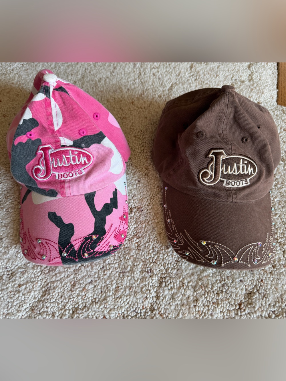 Lot of 2 Justin Boots Ladies Bling Baseball Caps - Brown & Pink Camo
